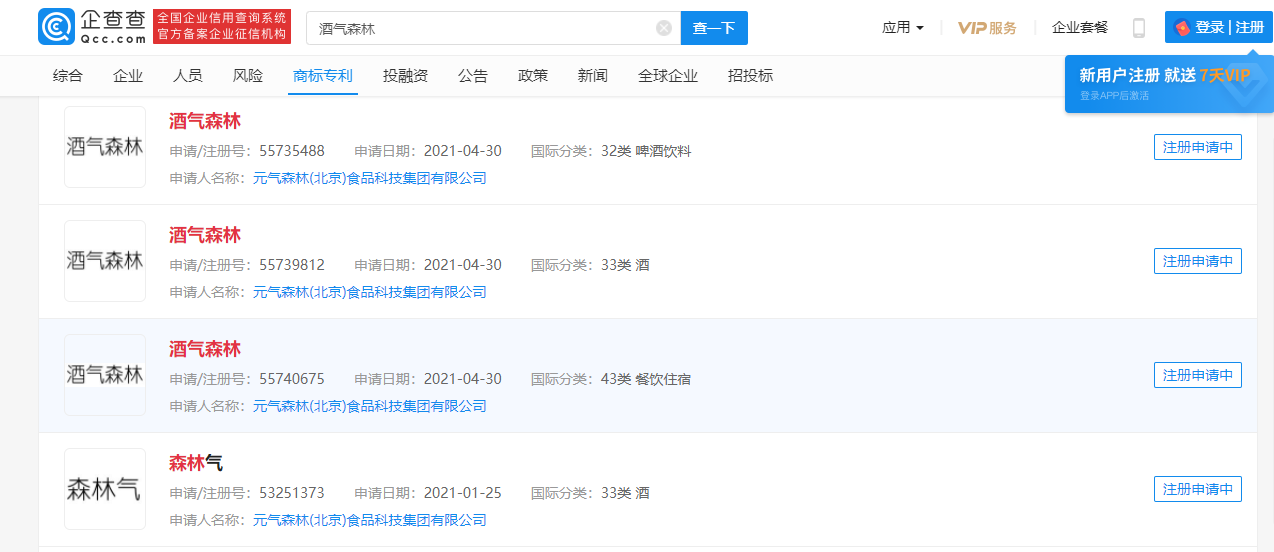 元氣森林申請注冊商標(biāo)“酒氣森林”