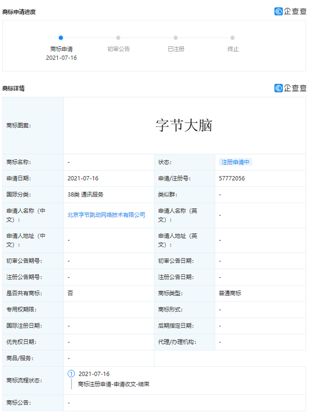 字節跳動申請“字節大腦”相關商標，商標注冊顯示申請收文是什么意思？