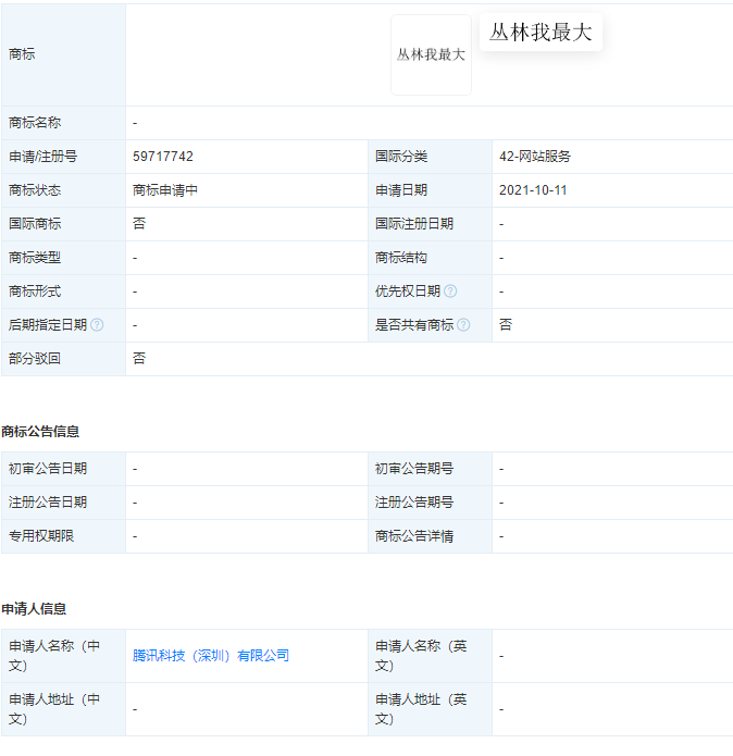 騰訊申請“叢林我最大”商標，商標申請號如何查詢？