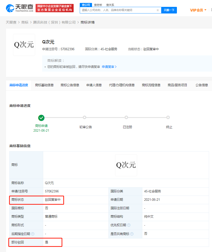 騰訊申請Q次元商標被駁回，商標駁回復審要注意什么？