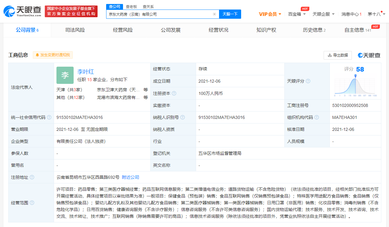 京東大藥房于云南成立新公司，藥房商標注冊第幾類？