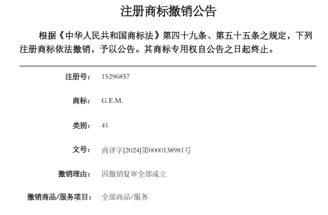 蜂鸟音乐娱乐分类GEM商标全部撤销